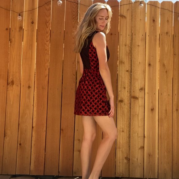 Esley Textured Red and Black Leaf Mini Dress Mid-Thigh - Picture 2 of 4